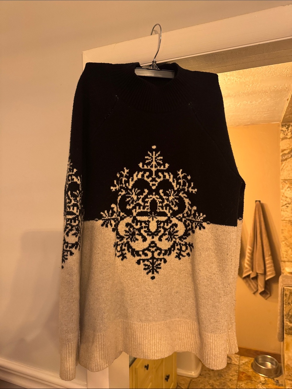 LOFT Black and Cream Crewneck Sweater with Nordic Motif